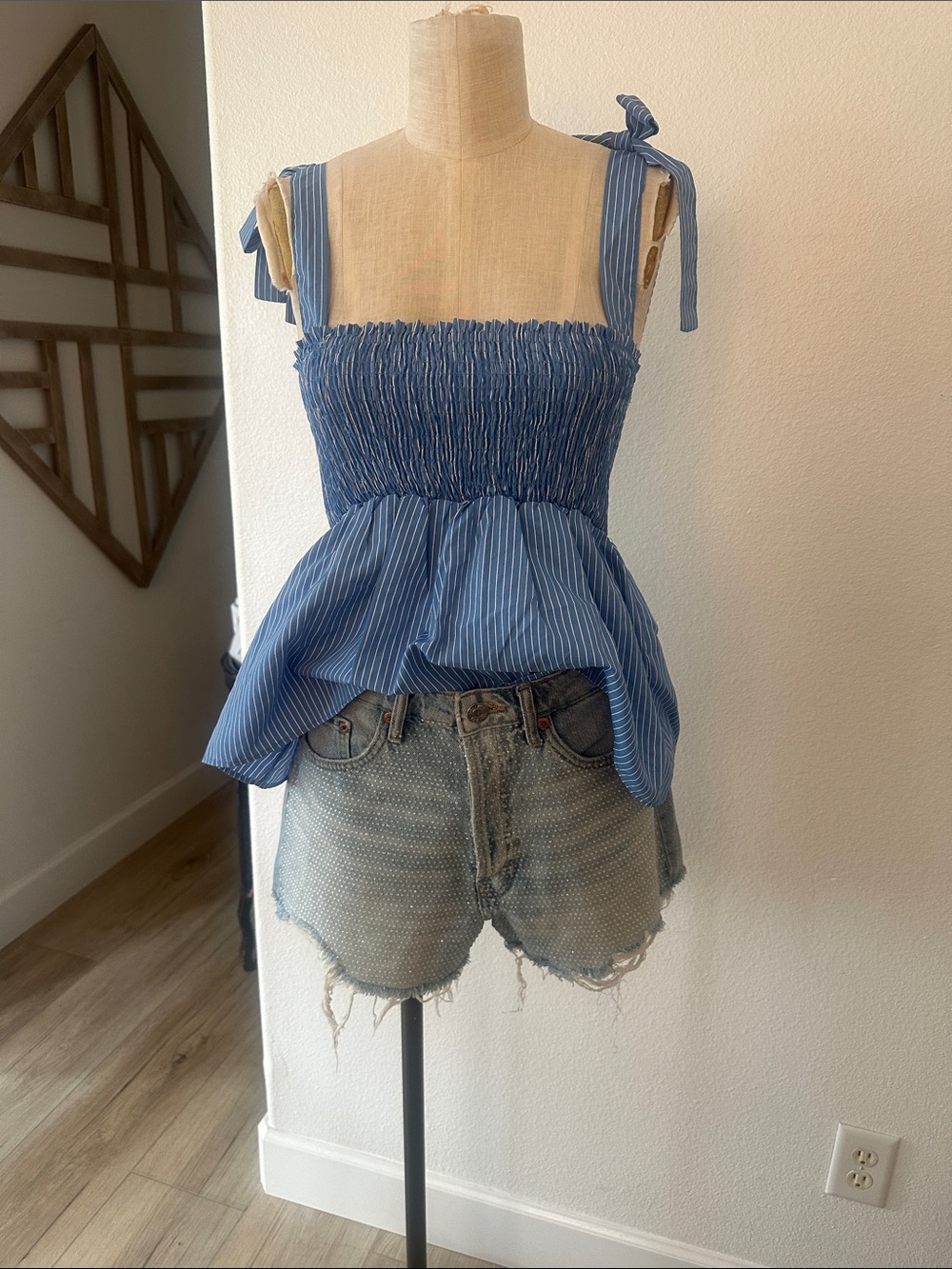 NWT Blue Smocked Tie-Shoulder Peplum Top